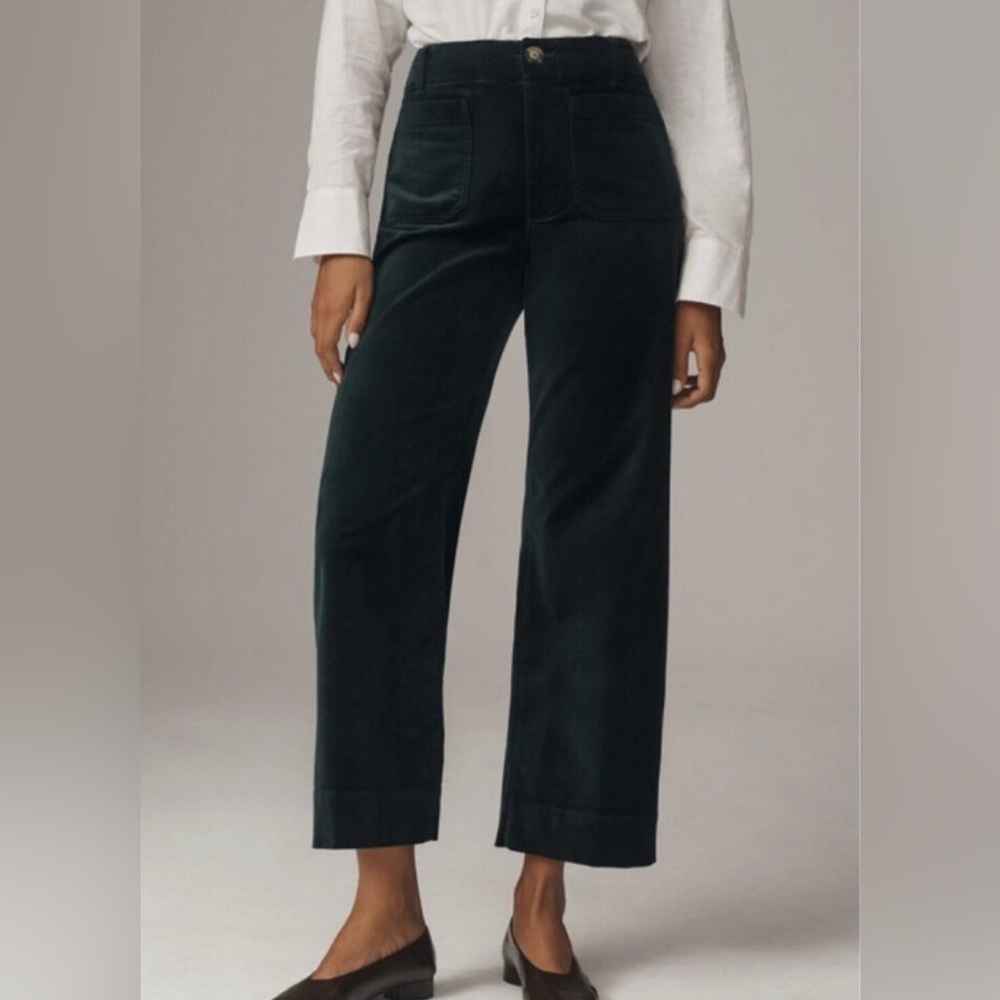 Anthropologie Maeve The Colette Velvet Wide-Leg Cropped Pants Green Size 30